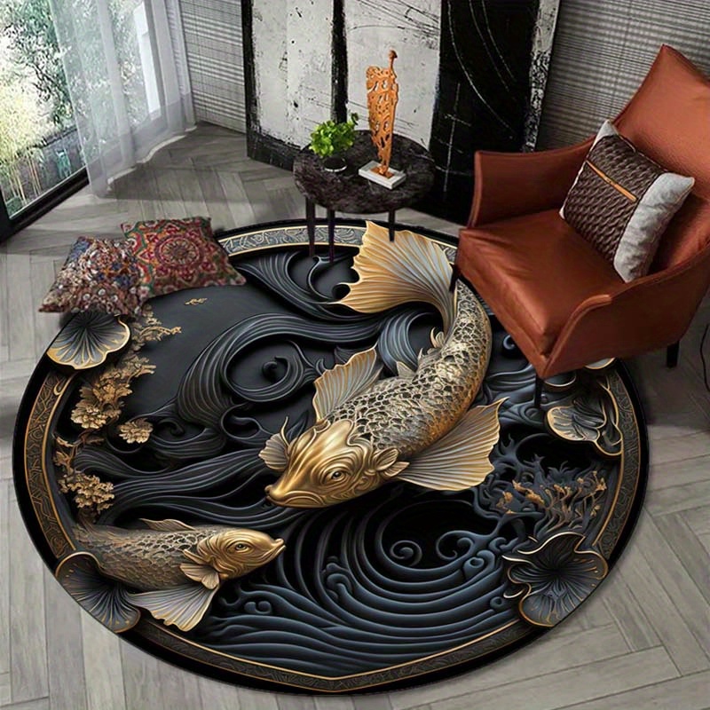 

1pc 3d Koi Fish Design Round Carpet, Non-slip Floor Mat, Non-shedding, Suitable For Bedroom, Living Room, Bathroom, Office, Home & Room Decor