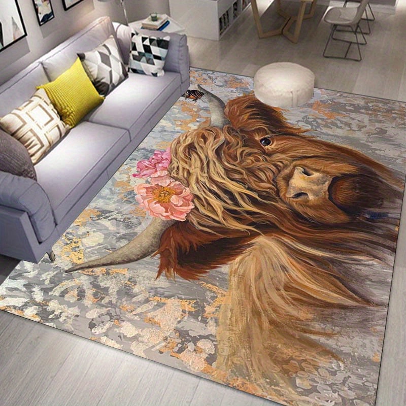 

1pc Highland Cow Area Rug, Rustic Animal Print Non-slip Floor Mat, Non-shedding Carpet For Bedroom, Living Room, Bathroom, Office, Indoor Home Decor, Multiple Sizes Available