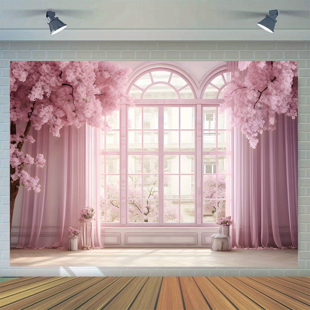 

1pc, Wedding Photography Backdrop, Vinyl Pink Floral European Window Photos Bridal Shower Decorations Engagement Cake Table Banner Photo Booth Props