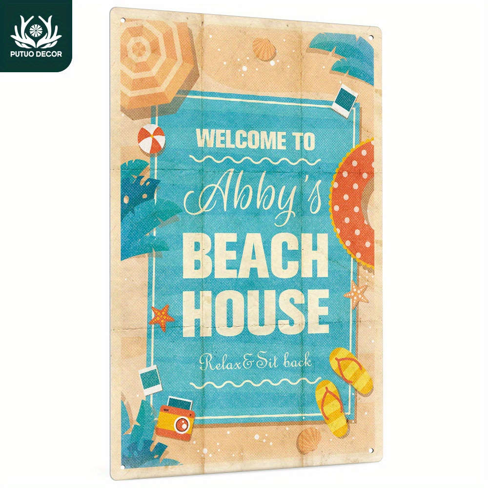 

1pc Custom Metal Tin Sign, Welcome To Your Text Beach House Relax & Sit Back, Personalized Plaque Vintage Plate Wall Art Decoration For Home Farmhouse Beach House, Gifts For Friend Family