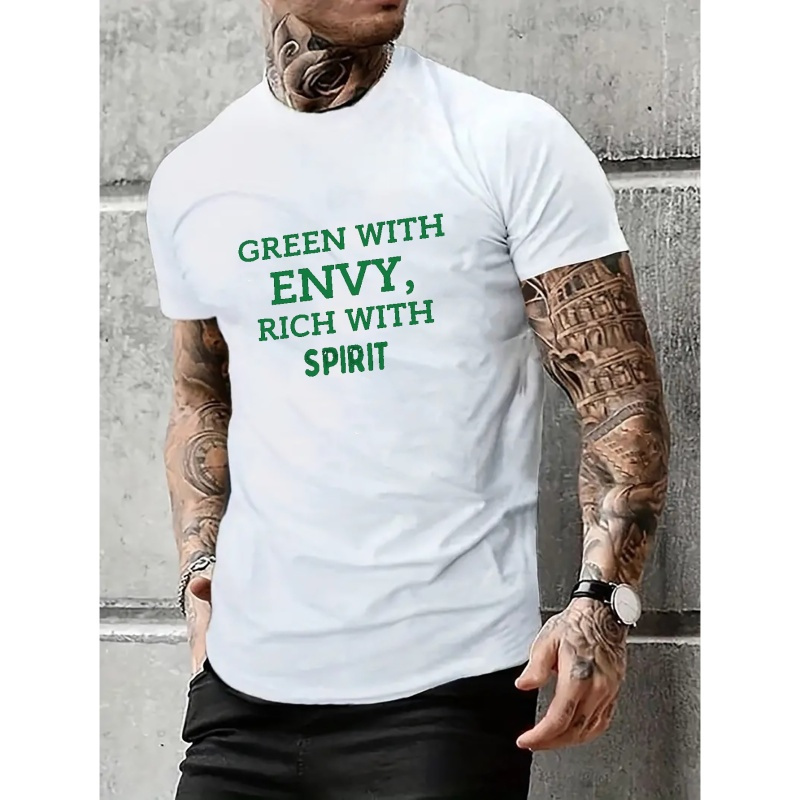 

Plus Size Men's Green With Envy Letter Print Creative Top, Casual Short Sleeve Crew Neck T-shirt, Men's Clothing For Summer Outdoor