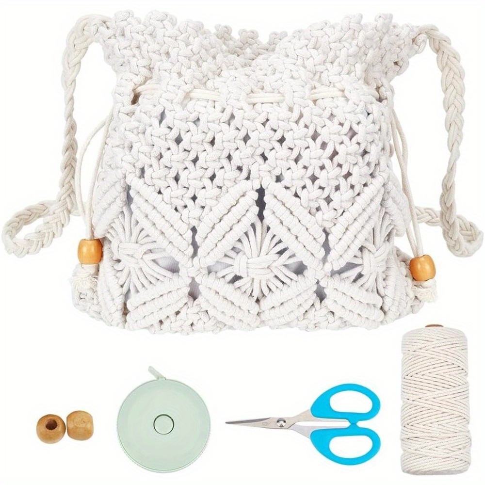 

1set Macrame Bag Diy Kit Bohemian Drawstring Bag Macrame Purse Sets For Adults Beginners Includes 3mm/0.12" Natural Macrame Cord Crochet Bags For Women Holiday Beach Decor With Instruction