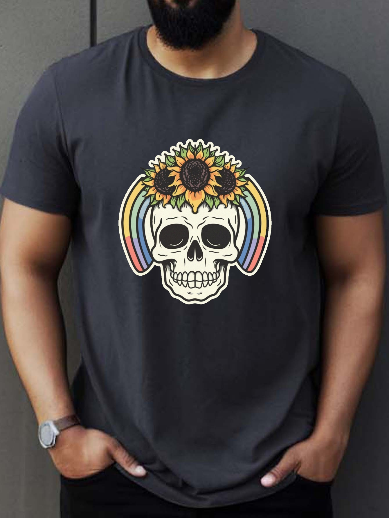 Plus Size 'sunflowers Skull' Pattern Casual Men's Graphic - Temu New ...