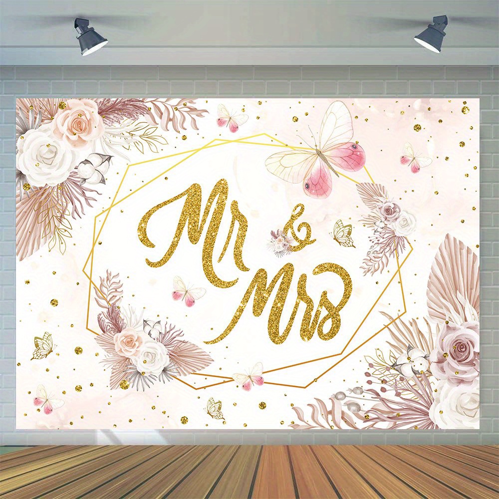 

1pc, Mr. And Mrs. Photography Backdrop, Vinyl Boho Butterfly Floral Photo Bridal Shower Wedding Engagement Party Decoration Cake Table Banner Photo Booth Studio Prop