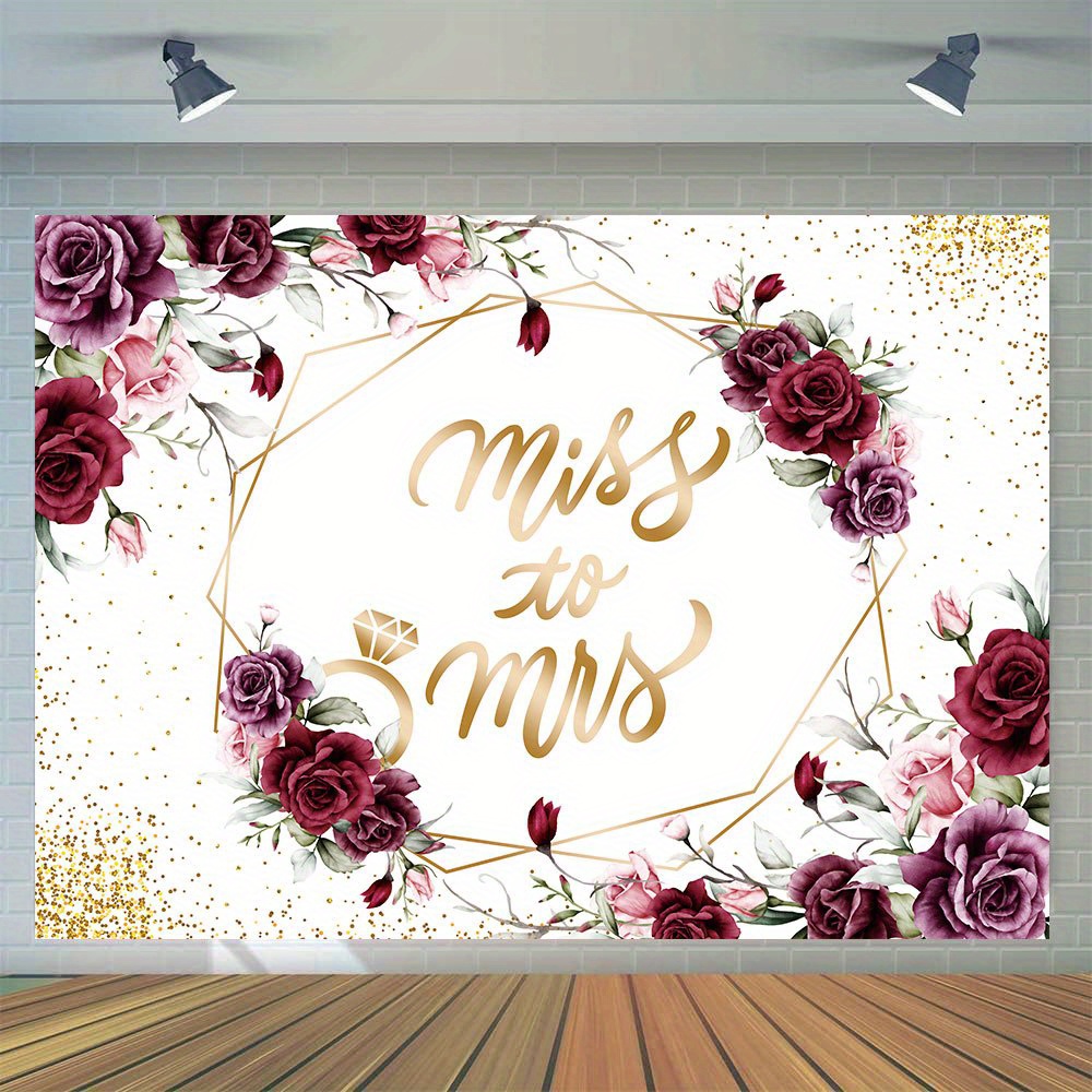 

1pc, Miss To Mrs Photography Backdrop, Vinyl Rose Floral Golden Glitter Photo Bridal Shower Wedding Engagement Party Decoration Cake Table Banner Photo Booth Studio Prop