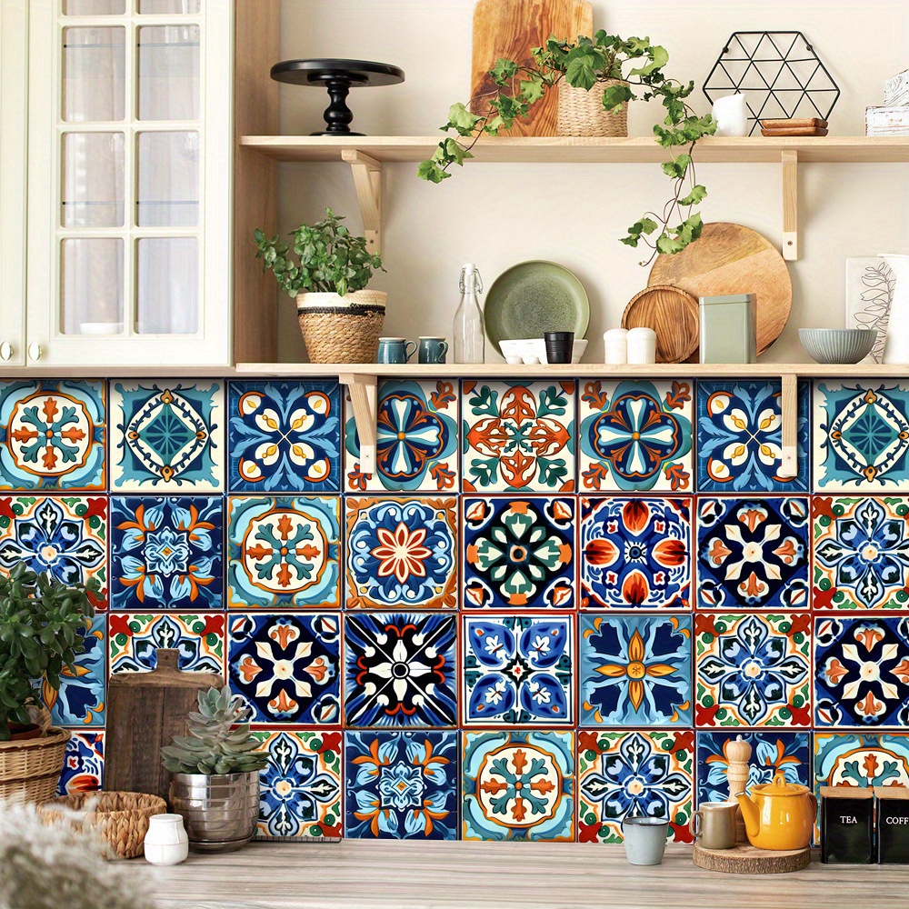 

24pcs Moroccan Style Flowers Pattern Tile Wall Sticker, Waterproof Oil Proof Removable Self-adhesive Mosaic Style Panel For Kitchen, Living Room, Bathroom, Corridor, Office, Home And Dormitory Decor