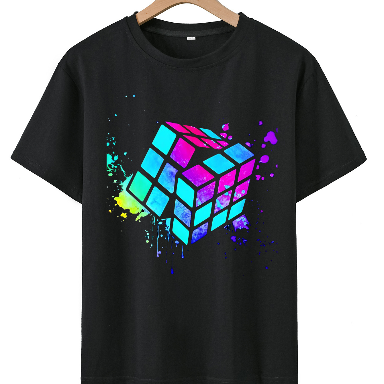 

Color Splash Cube Print Crew Neck T-shirt, Short Sleeve Casual Comfortable Summer Tee Tops For Boys