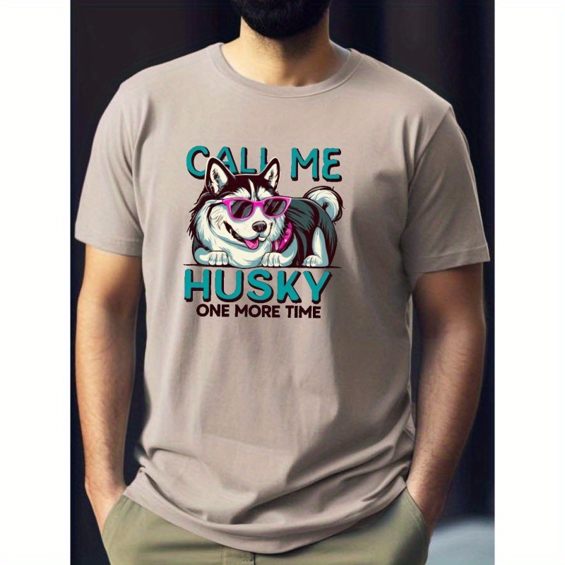 

Cartoon Husky And Letter Pattern Men's Casual Short Sleeve Crew Neck T-shirt, Summer Outdoor