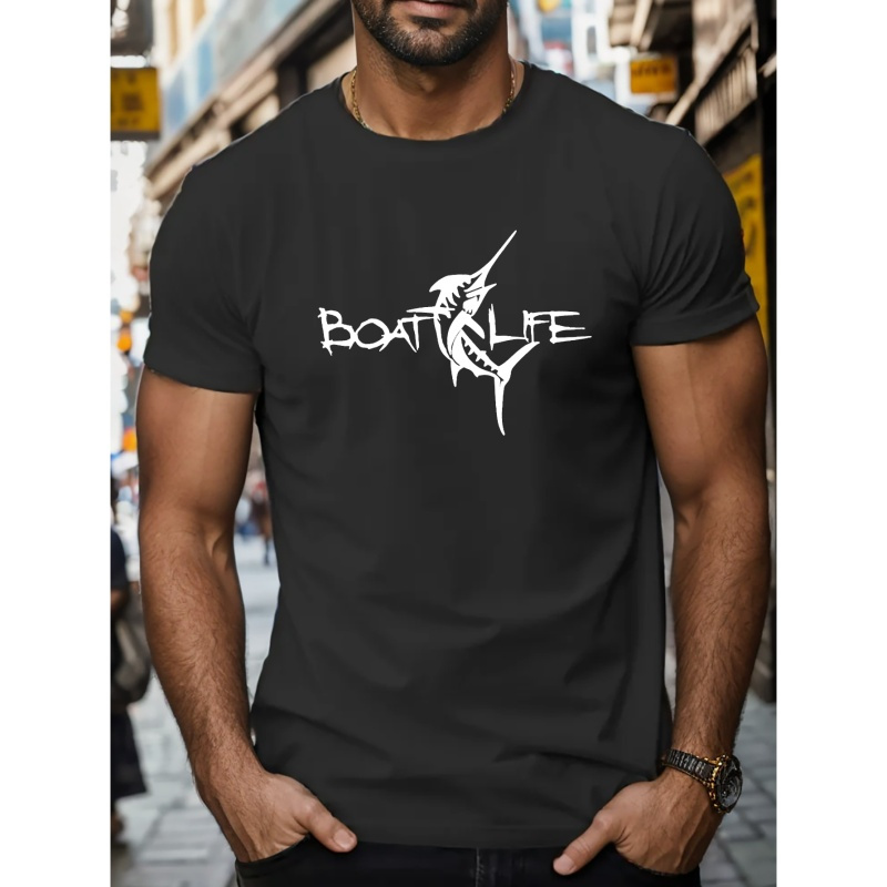 

Graffiti Boat Life And Fish Graphic Print, Men's Comfy T-shirt, Casual Fit Tee, Cool Top Clothing For Men For Summer For Everyday Activities