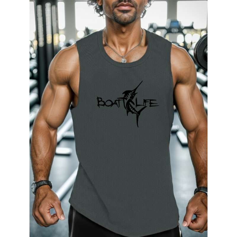 

Boat Life And Fish Print Summer Men's Quick Dry Moisture-wicking Breathable Tank Tops Athletic Gym Bodybuilding Sports Sleeveless Shirts For Running Training Men's Clothing