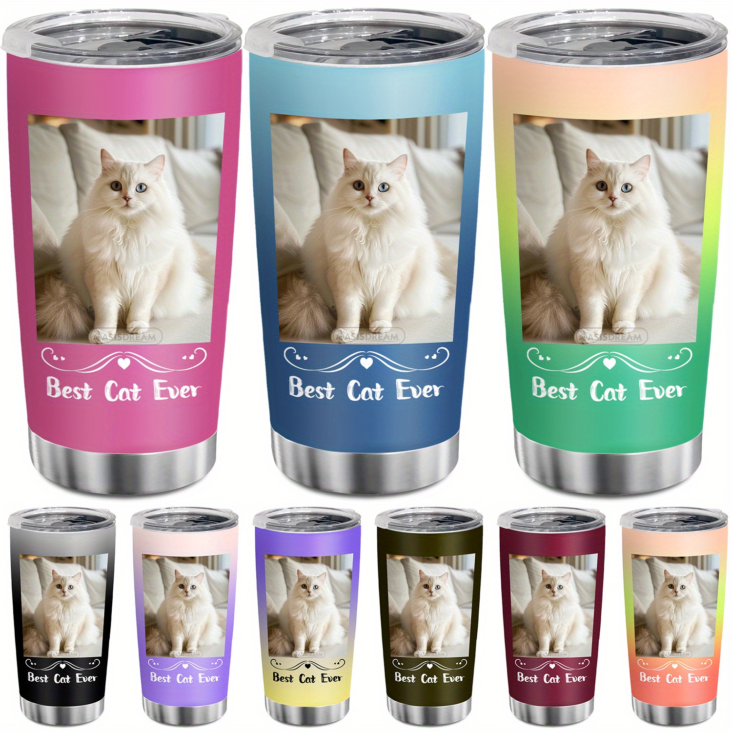 

1pc Personalized 20oz Stainless Steel Tumbler With Lid Custom Photo Vacuum Insulated Coffee Cups With Your Pet Cat Photos For Pet Lovers Gift For Valentine's Day Birthday Christmas