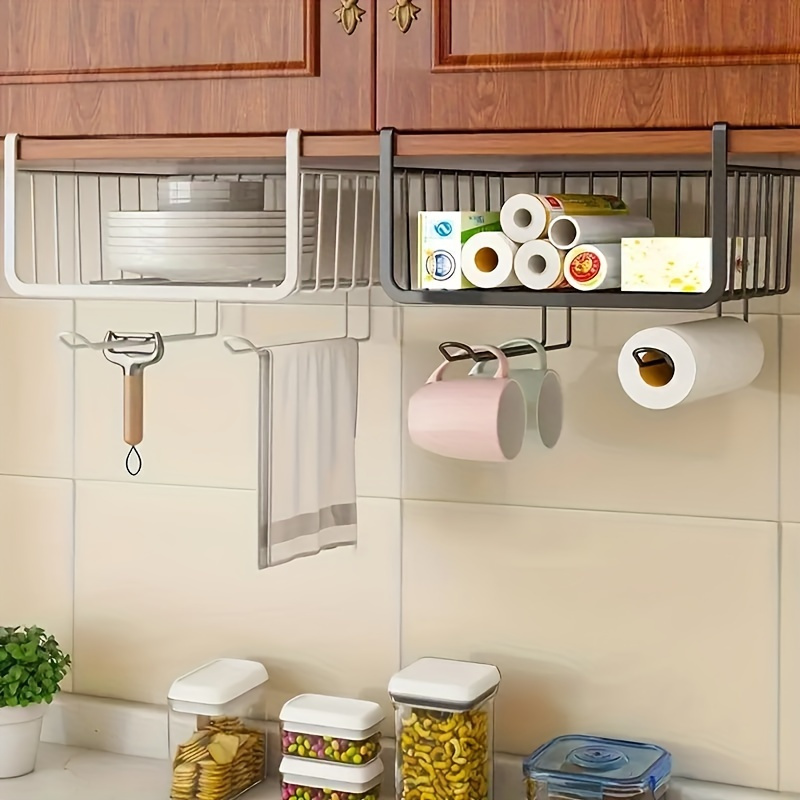 

1pc Practical Kitchen Storage Rack, Under Cabinet Hanging Basket, Hanging Storage Rack With Rolled Paper Holder, Closet Organizer, Kitchen Accessories, Home Organization And Storage Supplies