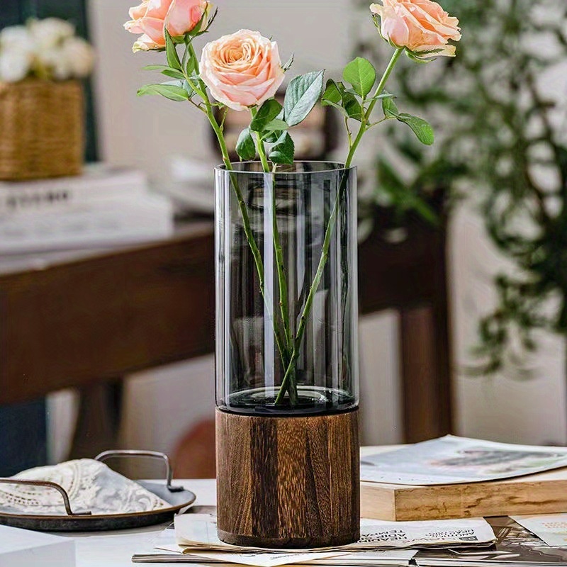 

1pc Vintage Style Nordic Glass Vase With Wood Base, 12cm Diameter, Flower Arrangement Decor For Living Room And Table Display, For Home Room Living Room Office Decor, Mother's Day Spring Season Gift