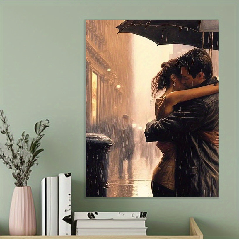 

1pc Hug In The Rain Oil Painting Poster Canvas For Home Decoration, Living Room Bedroom Bathroom Kitchen Cafe Office Decoration,perfect Gift,wall Art,oil Painting