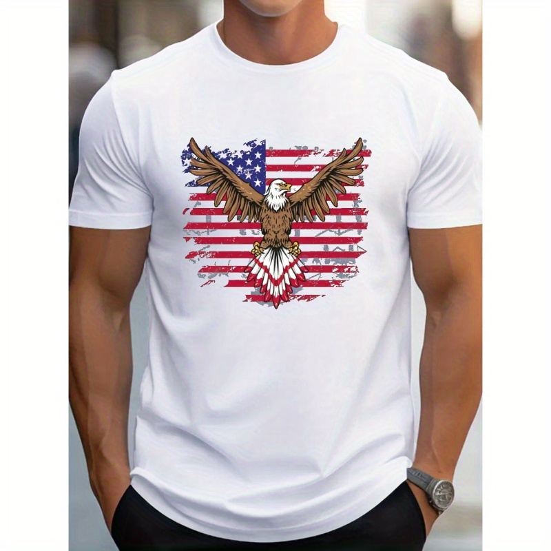 

American Flag & Eagle Print T-shirt, Breathable Men's Tops Casual Short Sleeve Tshirt Pullover For Summer, Men's Clothing