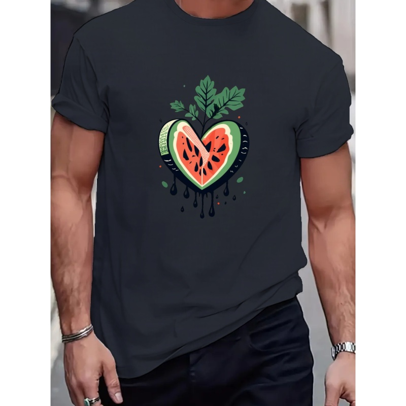 

T-shirt Col Rond Décontracté À Manches Courtes Pour Homme Avec Motif De Pastèque En Forme De Cœur, Idéal Pour L'été En Extérieur