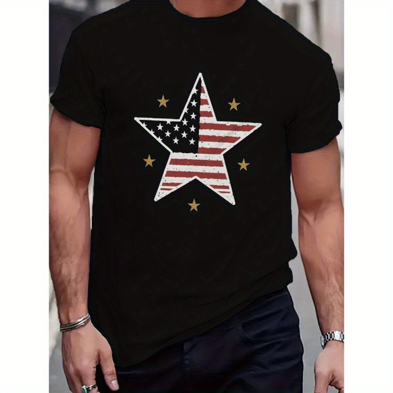 

American Style Star Print T-shirt, Breathable Men's Tops Casual Short Sleeve Tshirt Pullover For Summer, Men's Clothing