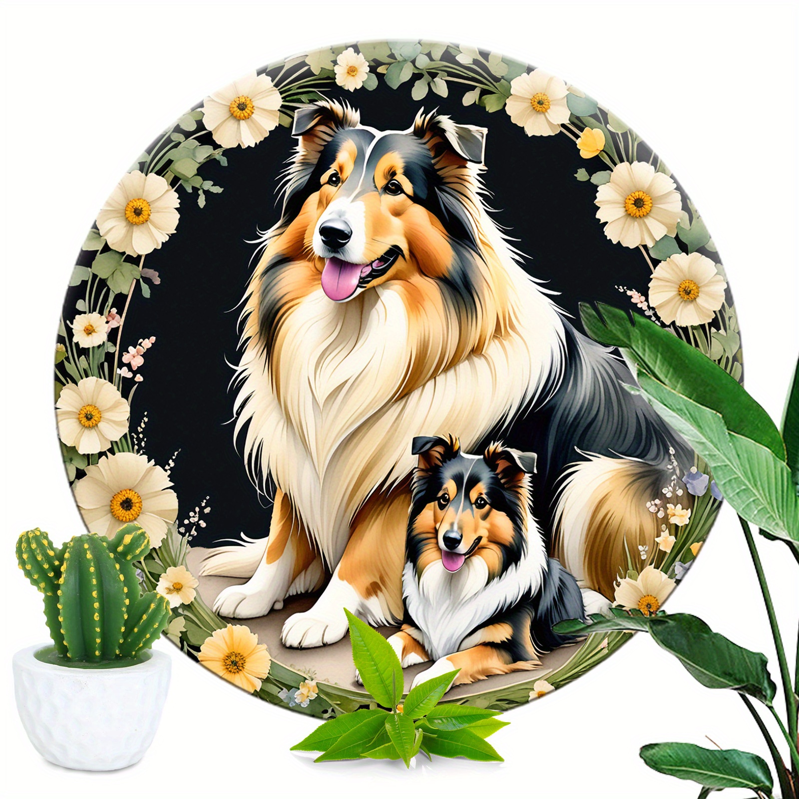 

1pc Round 8x8 Inch Aluminum Sign Rough Collie Sign Dormitory Decoration Mother's Day Gifts, Animal Watercolor, Tribute To Great Mother's Love Themed Decoration