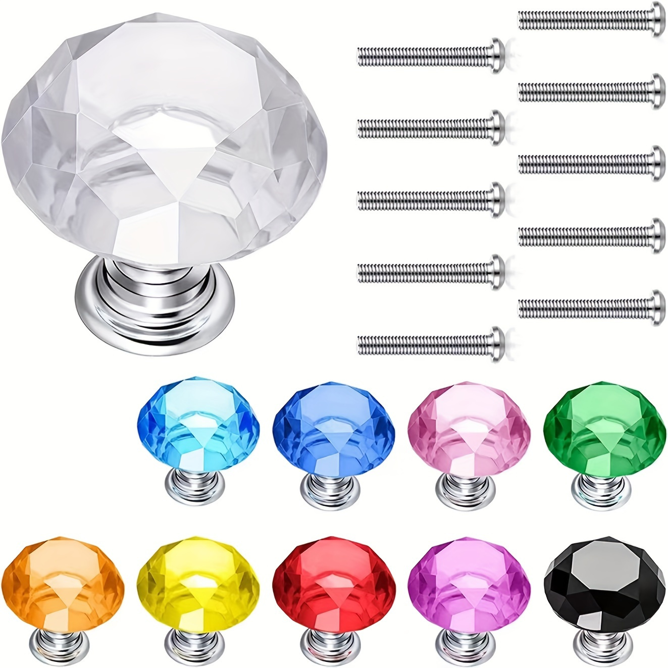 

10pcs Multi-colored Crystal Glass Cabinet Knobs, Decorative Drawer Pulls And Handles For Dresser, Kitchen, Wardrobe, Cupboard With 25mm And 30mm Screws Included