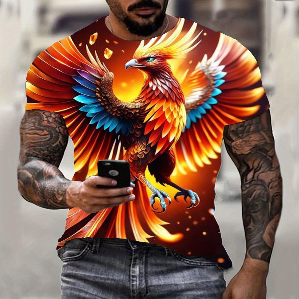 

3d Flame Phoenix Print Men's Fashion Short Sleeve Crew Neck T-shirt, Summer Outdoor