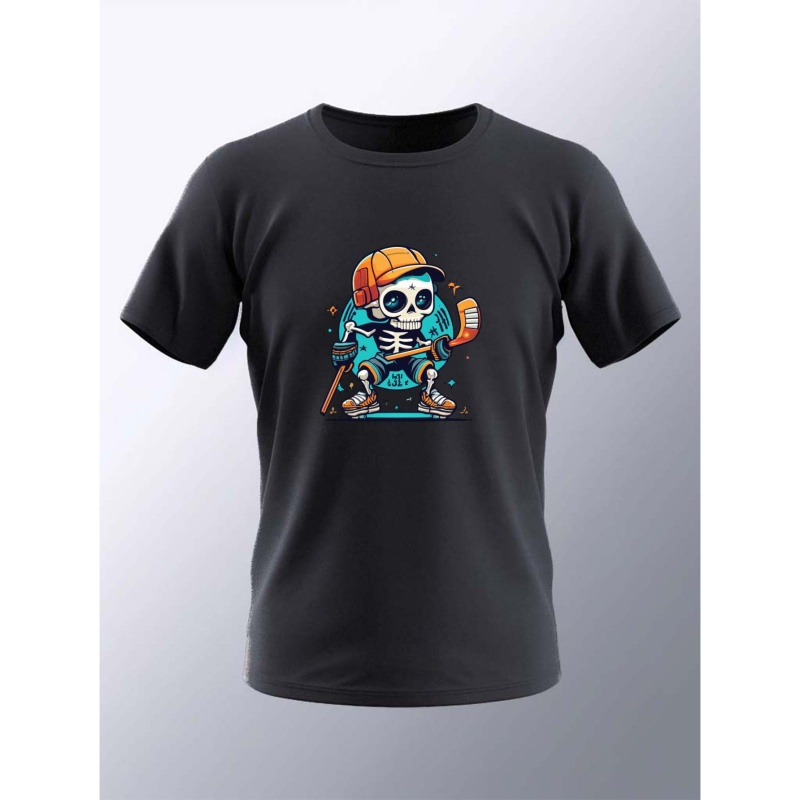 

Cartoon Skeleton Hockey Player Print Crew Neck T-shirt For Men, Casual Short Sleeve Top, Men's Clothing
