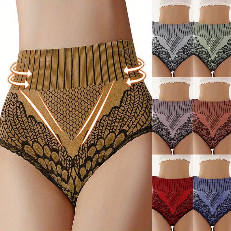 Women's High Waist Seamless Panties with Hip Lift - Breathable Lace Trim Briefs for Postpartum Recovery, Retro Striped Tummy Control Underwear, Tight-Fitting Body Shaper in Black/Grey/Navy, Postnatal Underwear | Vintage Style Lingerie | Smooth Texture Fabric