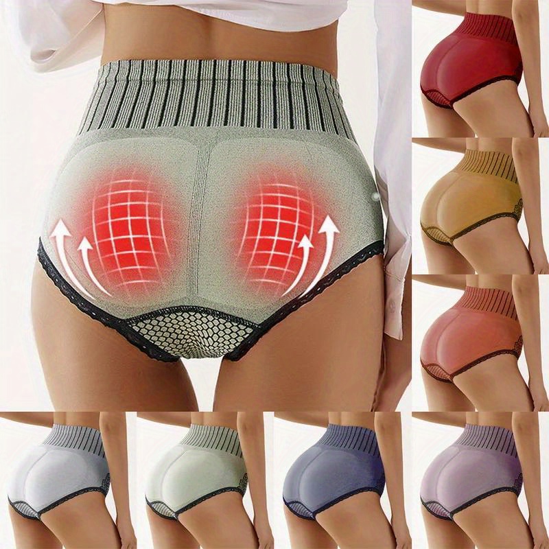 Women's High Waist Seamless Panties with Hip Lift - Breathable Lace Trim Briefs for Postpartum Recovery, Retro Striped Tummy Control Underwear, Tight-Fitting Body Shaper in Black/Grey/Navy, Postnatal Underwear | Vintage Style Lingerie | Smooth Texture Fabric