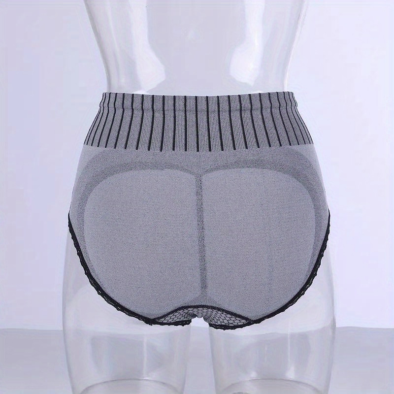 Women's High Waist Seamless Panties with Hip Lift - Breathable Lace Trim Briefs for Postpartum Recovery, Retro Striped Tummy Control Underwear, Tight-Fitting Body Shaper in Black/Grey/Navy, Postnatal Underwear | Vintage Style Lingerie | Smooth Texture Fabric