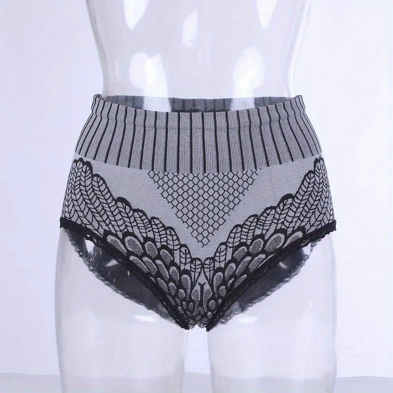Women's High Waist Seamless Panties with Hip Lift - Breathable Lace Trim Briefs for Postpartum Recovery, Retro Striped Tummy Control Underwear, Tight-Fitting Body Shaper in Black/Grey/Navy, Postnatal Underwear | Vintage Style Lingerie | Smooth Texture Fabric