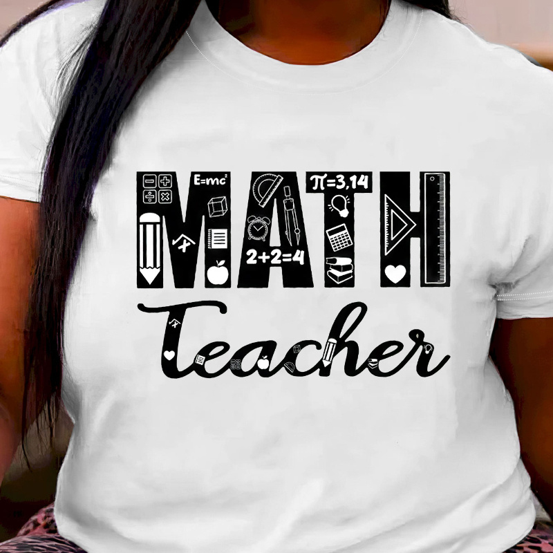 

Plus Size Math Teacher Print T-shirt, Casual Short Sleeve Top For Spring & Summer, Women's Plus Size Clothing