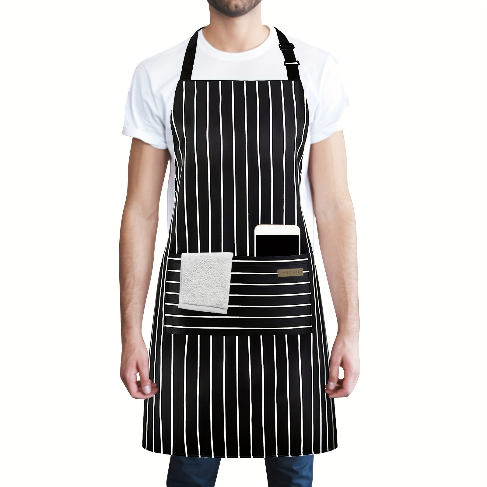 

1pc, Unisex Black Stripe Cotton Linen Apron, Adjustable Bib With 2 Pockets, 31.5in Long, Versatile Kitchen Cooking, Bbq, Baking, Gardening Chef Apron For Men And Women