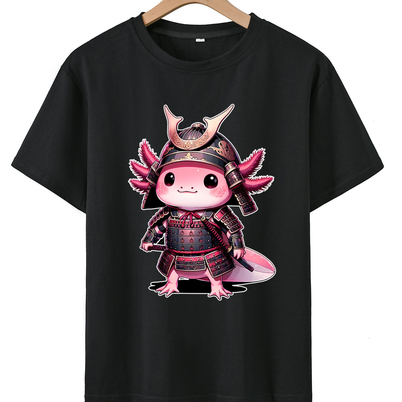 

Samurai Axolotl Print Boy's Creative Cotton T-shirt, Casual Short Sleeve Crew Neck Pullover Top Summer Clothing