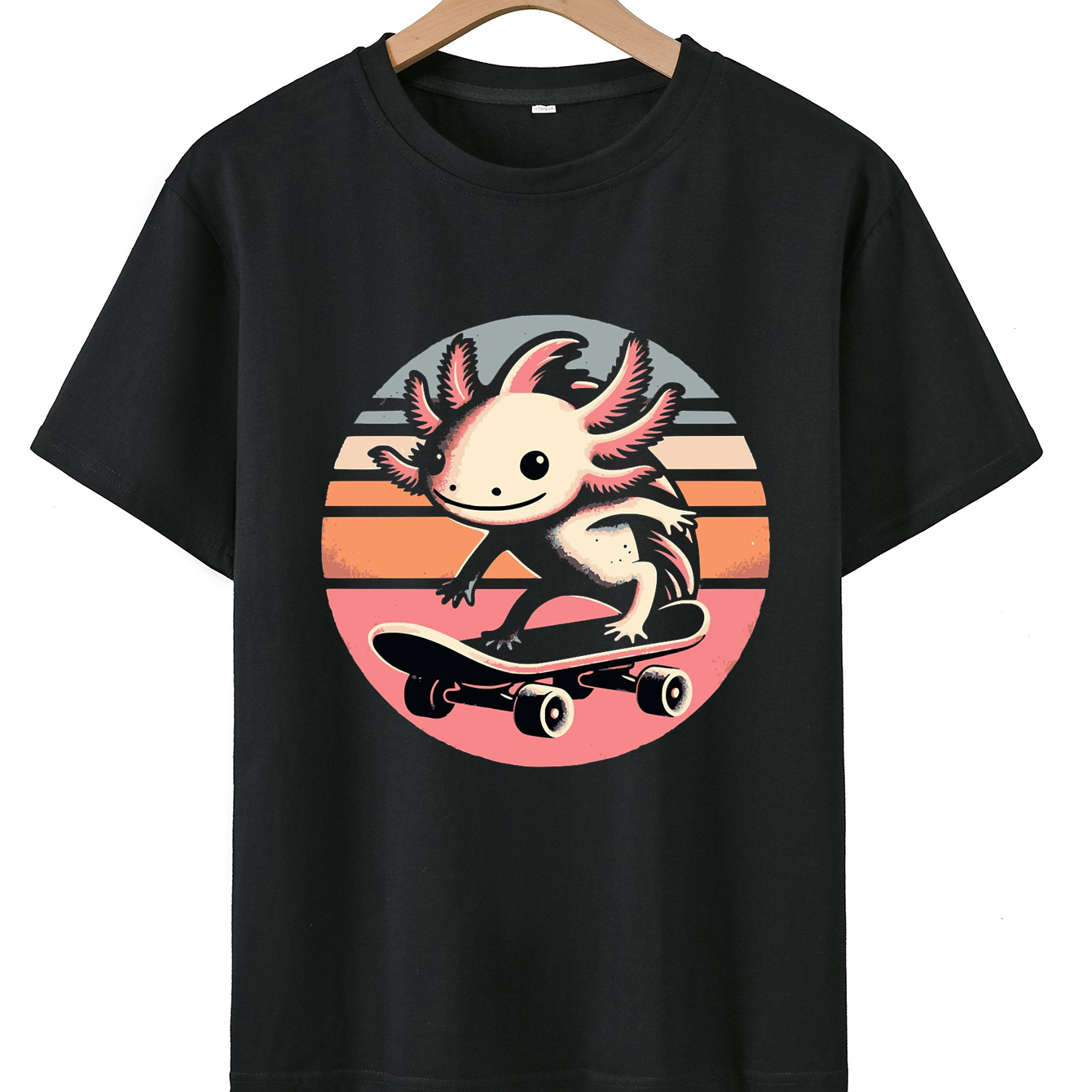 

T-shirt En Coton Créatif Pour Garçons Et Adolescents Avec Impression D'axolotl Et De Skate, Haut Décontracté À Manches Courtes Et Col Rond Pour L'été