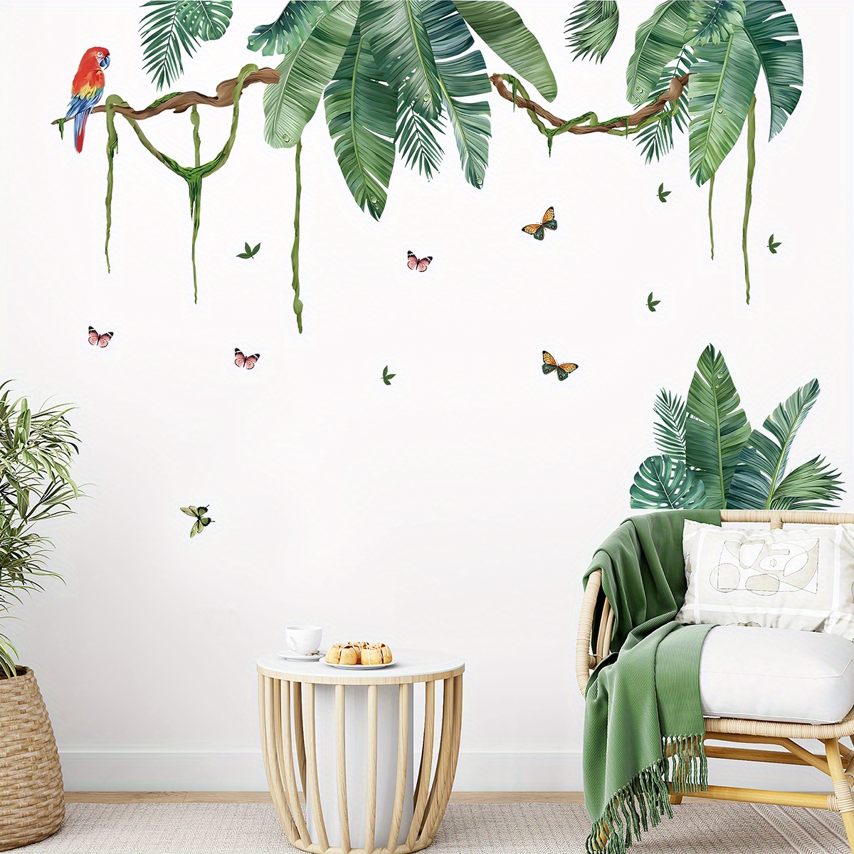

1pc Watercolor Tropical Leaf Vine & Butterfly Bird Wall Stickers, Removable Pvc Decals, Contemporary Home Decor, Bedroom, Living Room, Home Decoration