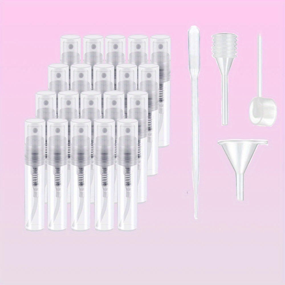 TEMU 20pcs Mini Clear Plastic Spray Bottles With 4 Travel Accessories (dropper, Funnel, Spring Straw, Dispenser) - Portable, Refillable, And Reusable
