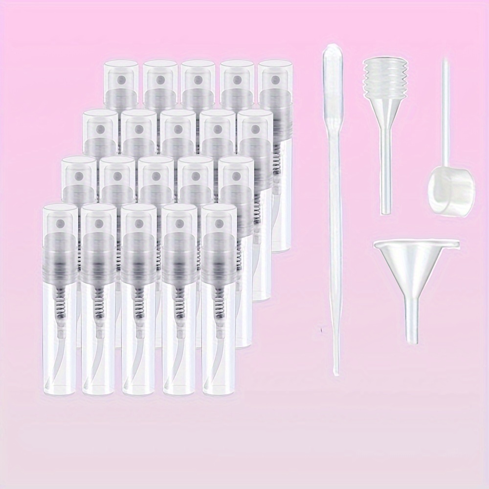 

20-pcs Mini Clear Plastic Spray Bottles With 4 Accessories - Small Dropper, Funnel, Spring Straw, Dispenser - Portable Refillable Cosmetic Containers For Travel