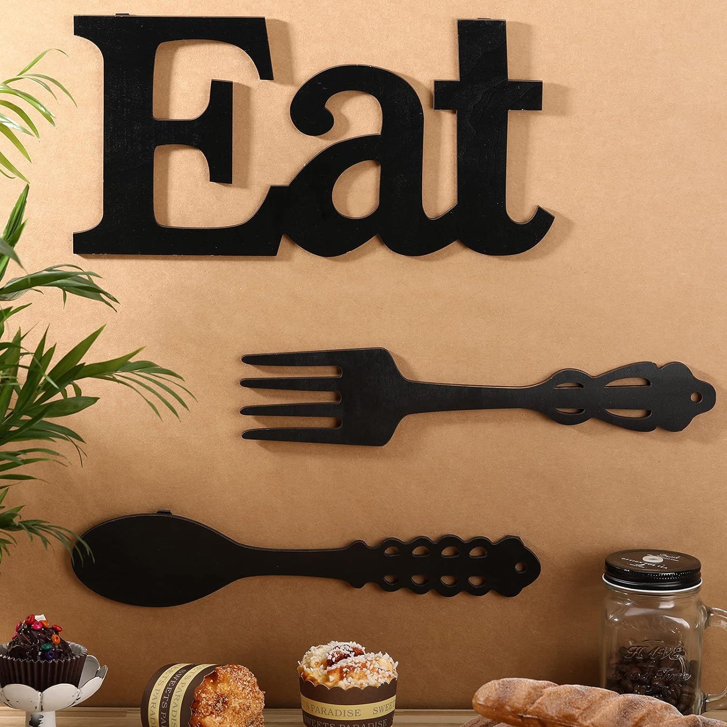 Fork Spoon Knife Wall Hanging Sign Large Wooden Hollow-Out Mural Decal for Kitchen Dining Room & Eatery, Size: Medium