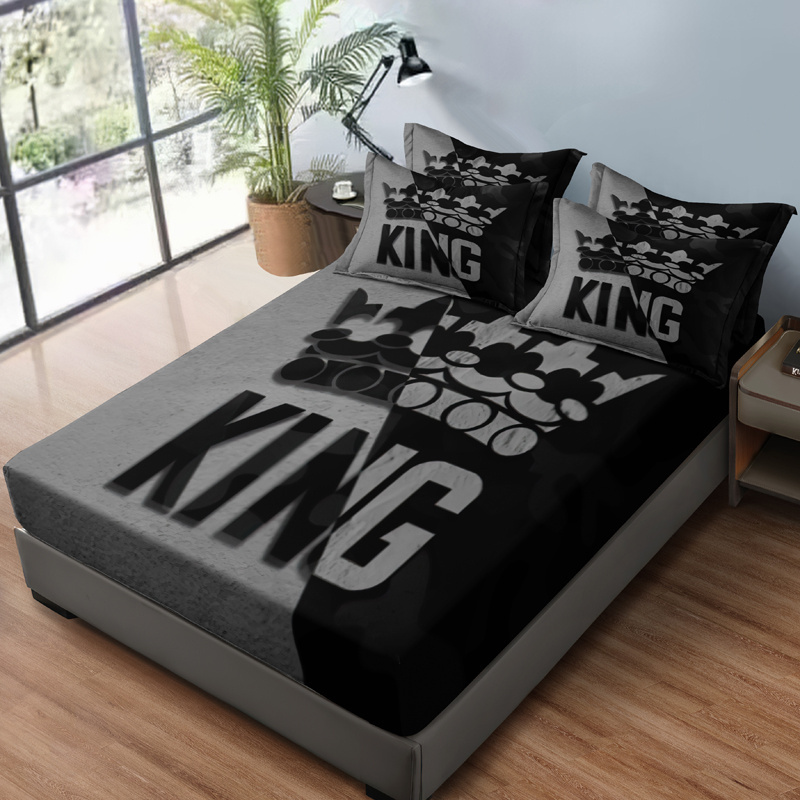 

3pcs Black And Grey King Crown Pattern Fitted Sheet Set (1 Fitted Sheet + 2 Pillowcase, Without Core) - Soft And Comfortable Bedding Mattress Cover Set For Bedroom, Guest Room And Dorm Decor