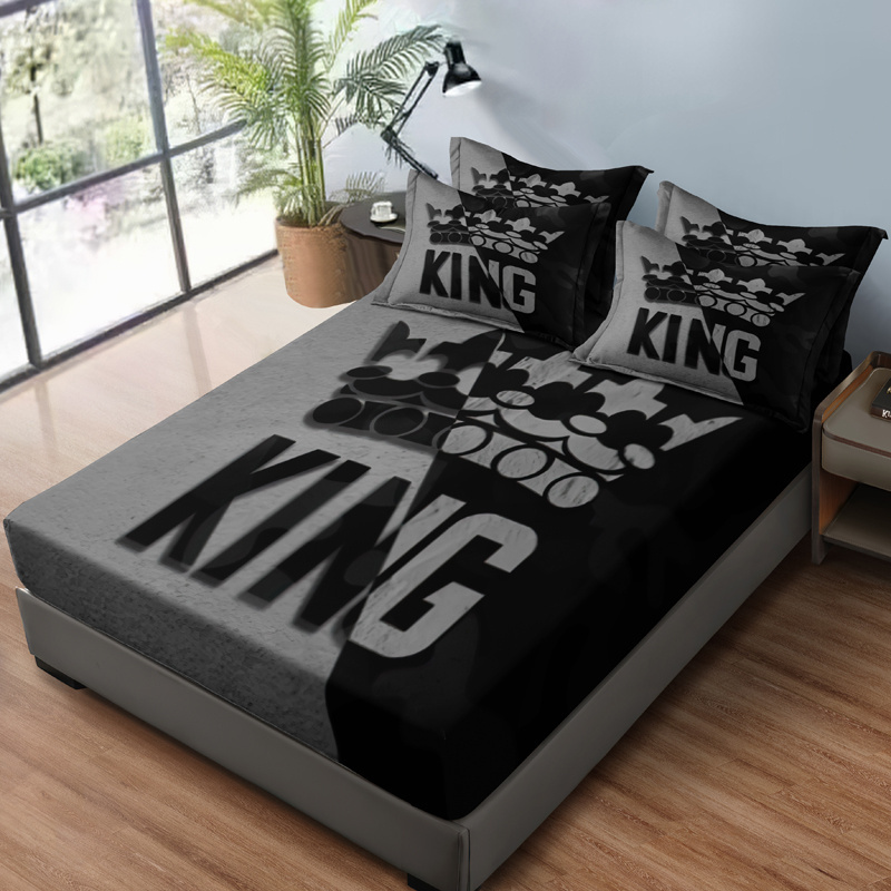 

3pcs Black Ang Grey King Pattern Fitted Sheet Set (1 Fitted Sheet + 2 Pillowcase, Without Core) - Soft And Comfortable Bedding Mattress Cover Set For Bedroom, Guest Room And Dorm Decor