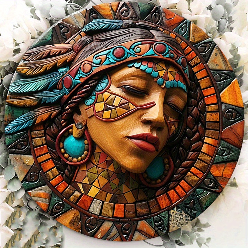 

1pc 8x8inch Aluminum Metal Sign Circular Metal Plaque Decoration A Beautiful And Colorful Wooden Plaque With A Woman's Head