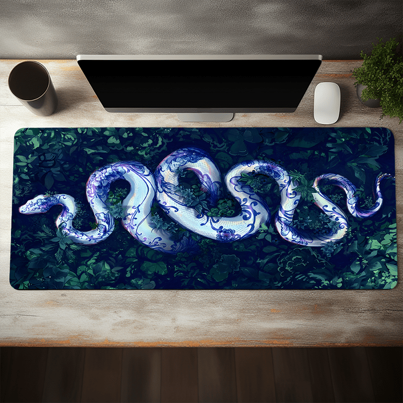 

1pc Cool Blue And White Snake Pattern Black Large Gaming Mouse Pad E-sports Office Desk Mat Keyboard Pad For Laptop Natural Rubber Non-slip Computer Mouse Mat 35.4x15.7 Inch As Gifts