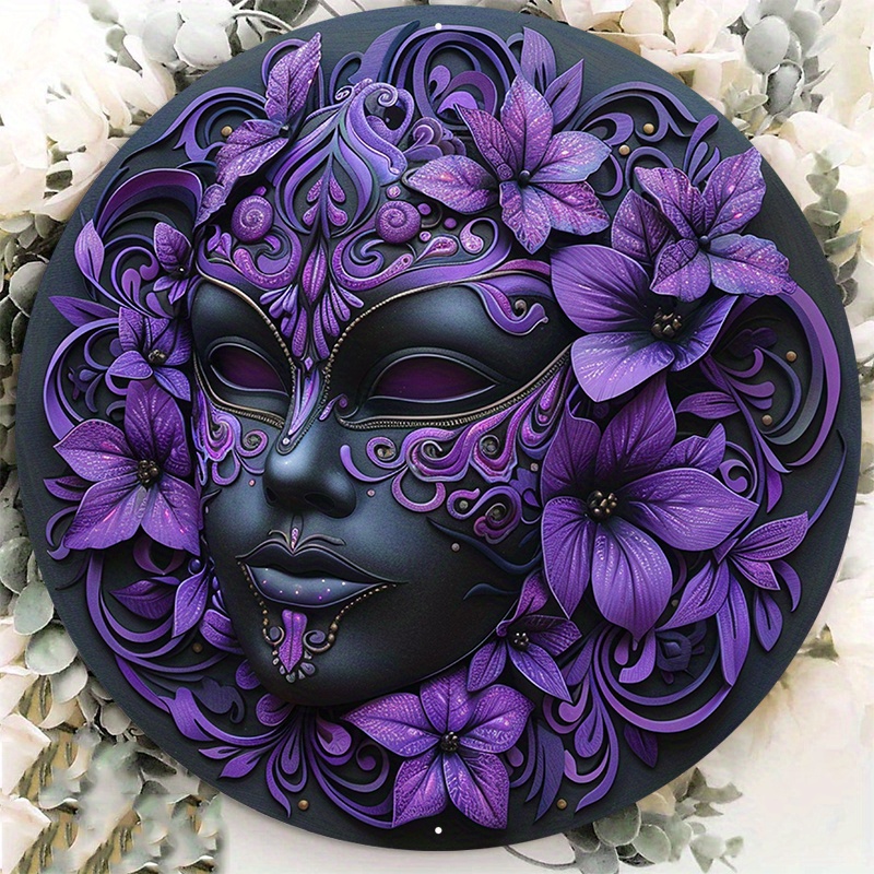 

1pc 8x8inch Aluminum Metal Sign Circular Metal Plaque Decoration A Black And Purple Venice Mask Sitting On Top Of A Wooden Table X