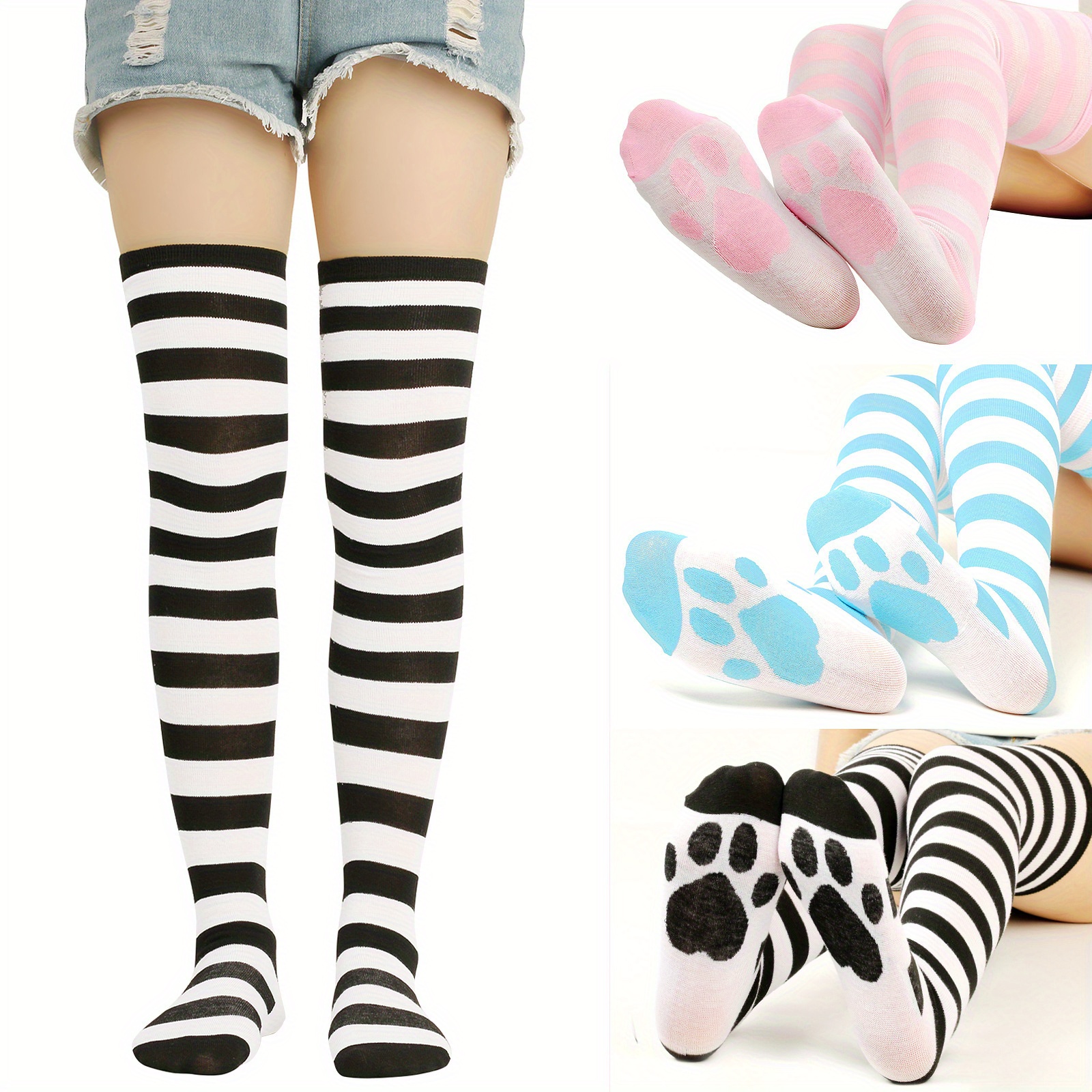 1 Pair Women Thigh High Socks Cat Tail Cute Tattoo Cartoon Cat Pattern Over  Knee Socks High Hosiery Pantyhose Creative（black）