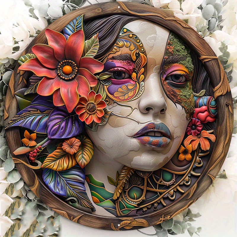

1pc 8x8inch Aluminum Metal Sign Circular Metal Plaque Decoration An Artistic Statue Of A Woman With A Colorful Woman On Her Face