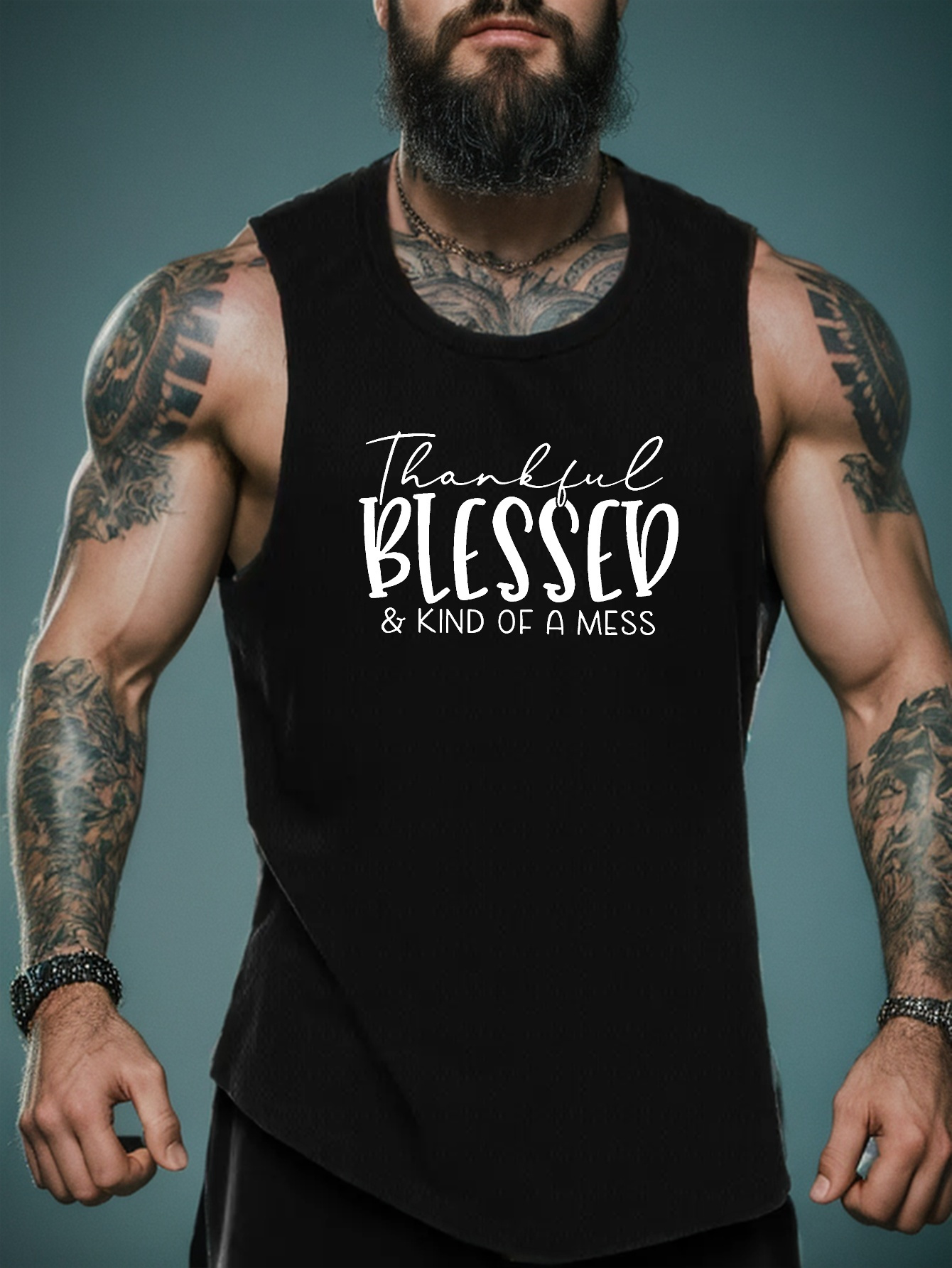 感謝。祝福。 散らかった。」メンズノースリーブタンクトップ ネイビーブルー ポリエステル100％ 幾何学模様 カ - Temu Japan, image size:800x1066