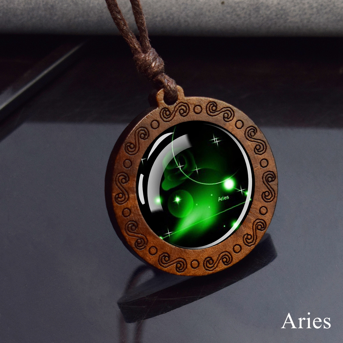 E-shop 12 Sternzeichen Halskette Sternenhimmel Zodiac Rundglas Holz Anhänger Halskette Geburtstagsgeschenk Paar Schmuck