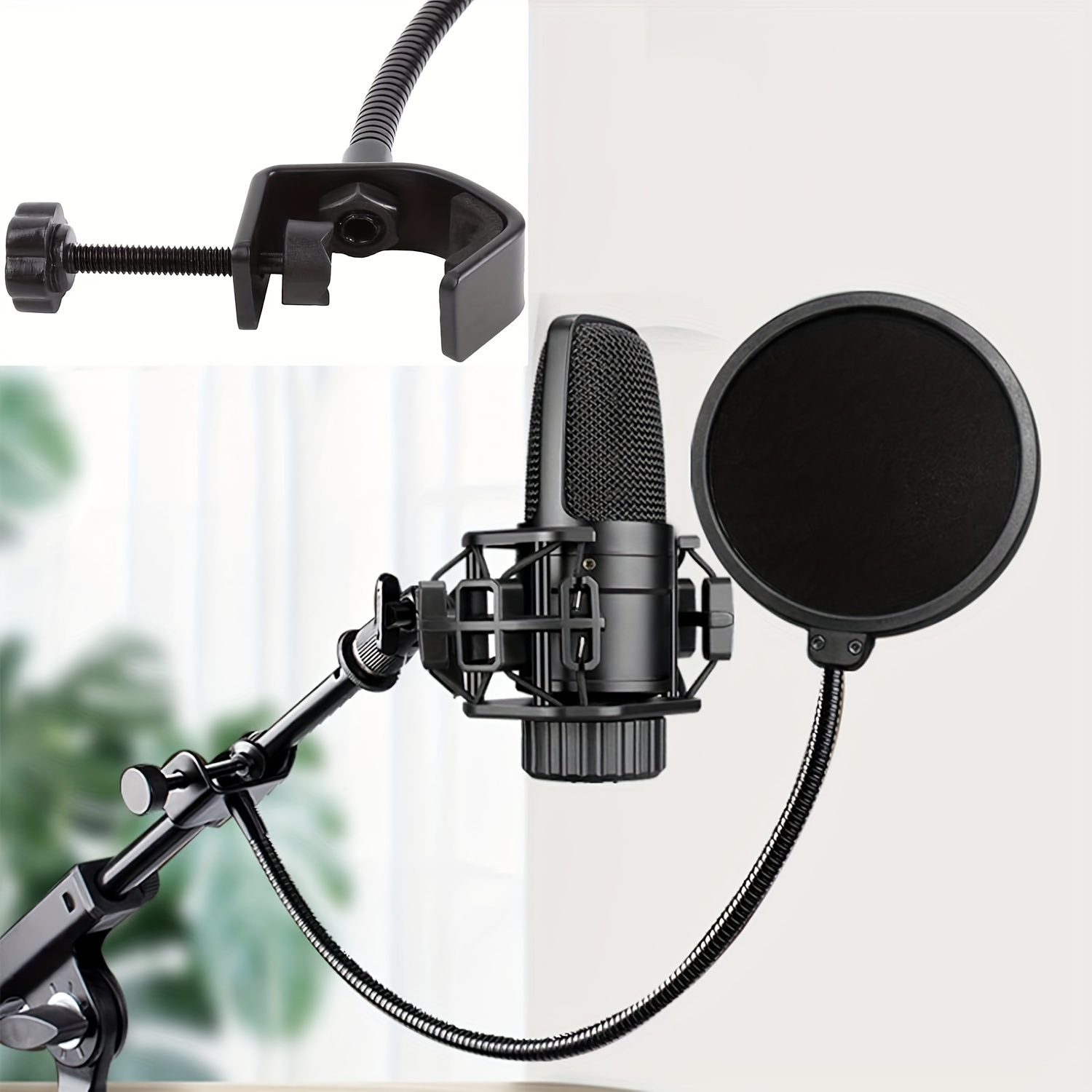 microphone filter mask shield suitable for blue and any other microphone the microphone has a double layer wind screen with a 360 gooseneck stabilizer arm black details 1