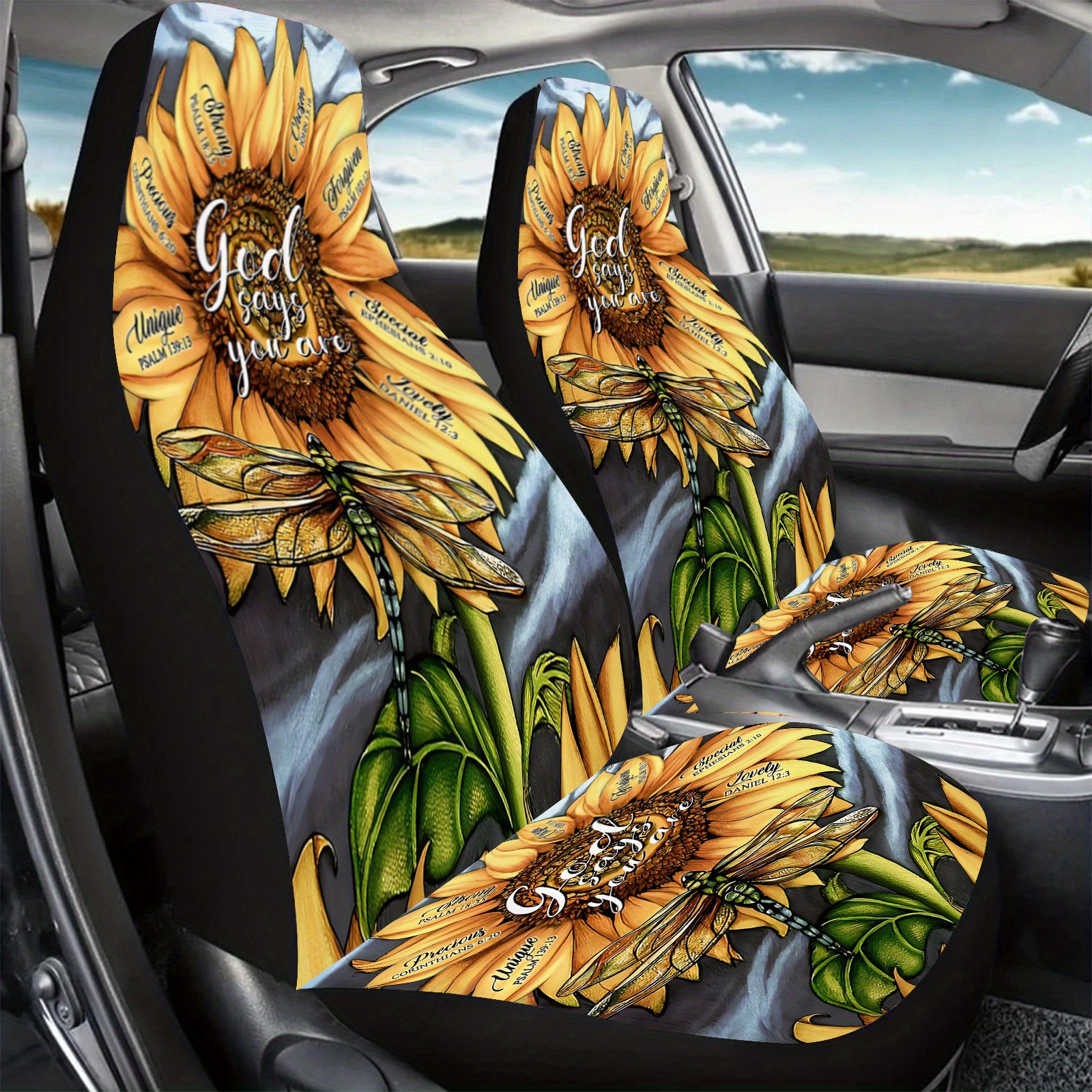 2pcs Vibrant Sunflower Canvas Car Seat Covers with Inspirational Quotes  Fit for Cars, SUVs, Trucks Front Seat Protectors with Yellow Green Desig