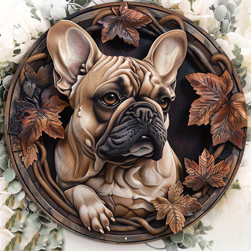 

1pc 8x8inch Aluminum Metal Sign Circular Metal Plaque Decoration French Bulldog Dog On Pedestal With Ornament Jk