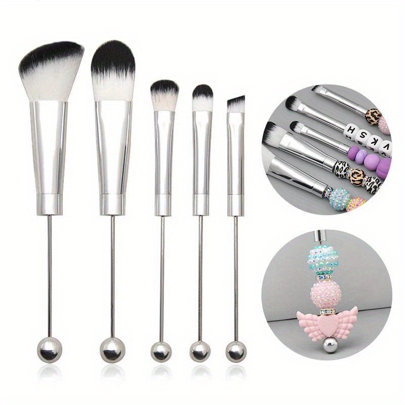 

5pcs Beadable Makeup Brushes Unique Brushes Silicone Beads Diy Makeup Cosmetic Brushes Beaded Brushes Kit For Diy, Metal Handle